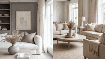 Minimalist living room with neutral tones, elegant sofas, and decorative vases. Natural light enhances cozy ambiance.