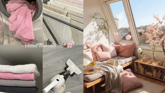 Cozy home routines: laundry, vacuuming, and a sunlit living room with pink accents and plants by the window.