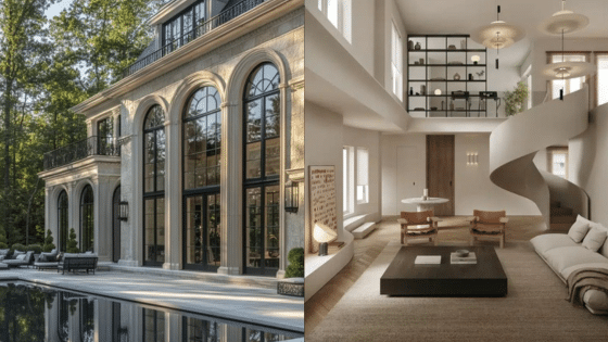 Viewing Deck Blog 4 Luxury modern villa with pool and elegant interior featuring spiral staircase and high ceilings. | Sky Rye Design Luxury modern villa with pool and elegant interior featuring spiral staircase and high ceilings.