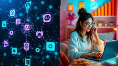 AI technology concept with icons and a person working on a laptop in a colorful home office.