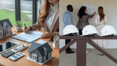 Real estate planning and construction consultation in progress with model homes and blueprints.