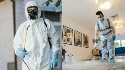 Person in protective gear conducting outdoor pest control and using equipment for indoor disinfection.