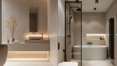 Modern minimalist bathroom with sleek fixtures, elegant lighting, and a spacious shower and bathtub area.