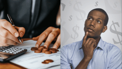 Person budgeting with calculator and coins, contemplating financial decisions with currency symbols in the background.