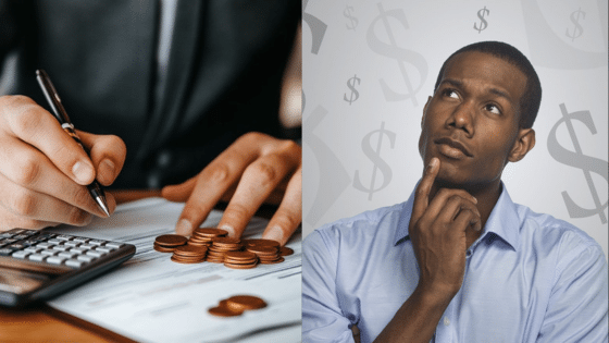 Viewing Deck Blog 4 Person budgeting with calculator and coins, contemplating financial decisions with currency symbols in the background. | Sky Rye Design Person budgeting with calculator and coins, contemplating financial decisions with currency symbols in the background.