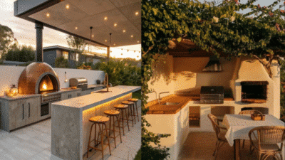 Modern outdoor kitchen with pizza oven and bar seating, and cozy garden barbecue setup with dining table.