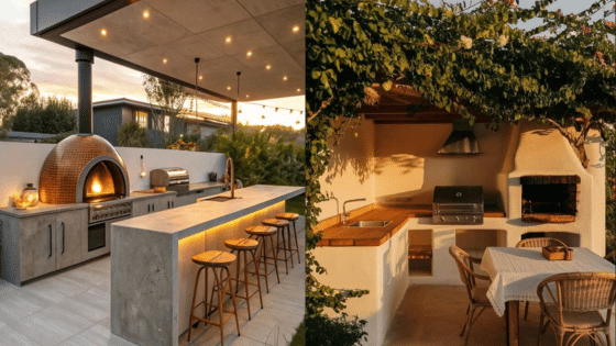 Viewing Deck Blog 4 Modern outdoor kitchen with pizza oven and bar seating, and cozy garden barbecue setup with dining table. | Sky Rye Design Modern outdoor kitchen with pizza oven and bar seating, and cozy garden barbecue setup with dining table.
