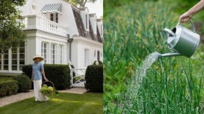 Woman gardening with basket beside white house; hand watering green plants with can in garden.