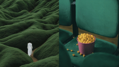 A person in white walks through lush green hills; bucket of popcorn on green seat.