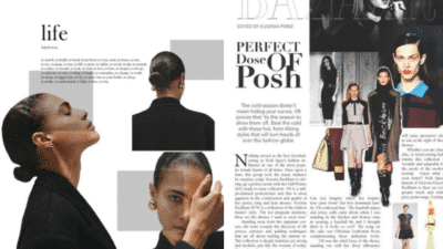Fashion magazine spread showcasing chic fall styles with models in elegant poses and trendy outfits.