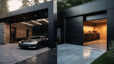 Modern garage with sleek black car and organized interior workshop. Stylish and functional design.