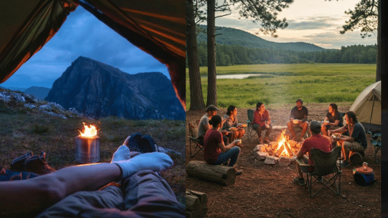 Camping by the mountains at night and friends enjoying a campfire in a forest during the day.