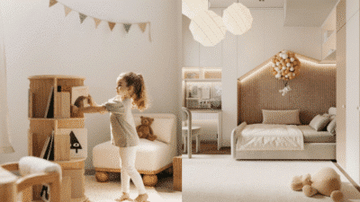 Child-friendly room with cozy decor, wooden furniture, and soft lighting, featuring a playful toy shelf and bed.