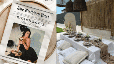 Birthday celebration with newspaper-style invite and elegant table setting featuring neutral décor.
