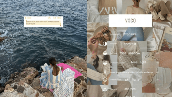 Girl sitting on rocks by the sea with a VSCO filter editing screen and text about starting but not finishing books.