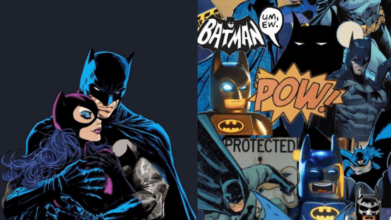 Batman and Batgirl embrace alongside a vibrant comic collage featuring various Batman illustrations.
