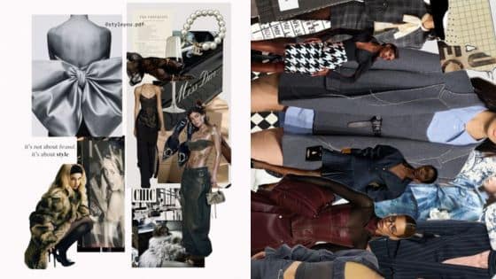 Fashion mood board featuring elegant outfits, luxury accessories, and stylish models in various high-fashion poses.