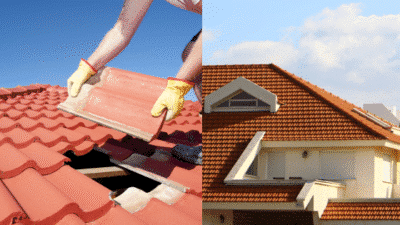 Installing and inspecting red roof tiles on house under blue sky.