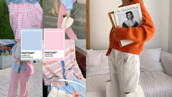 Viewing Deck Blog 6 Fashionable outfits with Pantone colors: blue and pink hues, cozy orange sweater, and stylish neutral pants. | Sky Rye Design Fashionable outfits with Pantone colors: blue and pink hues, cozy orange sweater, and stylish neutral pants.