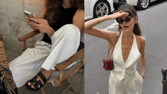 Two stylish women in casual and elegant outfits, wearing sunglasses and sitting outdoors, each with unique accessories.
