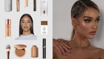 Makeup products and a model with a sleek makeup look, showcasing a glamorous style with bronzed skin and defined brows.