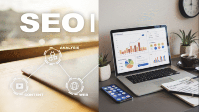 Digital marketing workspace with SEO analytics on a laptop, note pad, and smartphone on a desk with plants.