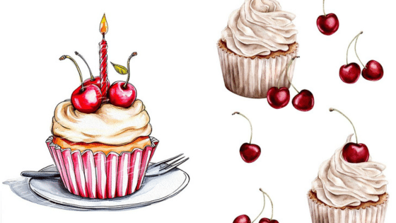 Illustrated cupcakes with cherries and a candle, featuring swirled frosting, on a white background.