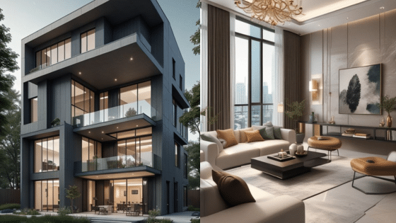 Viewing Deck Blog 6 Modern three-story home exterior and elegant living room with large windows and stylish decor. | Sky Rye Design Modern three-story home exterior and elegant living room with large windows and stylish decor.