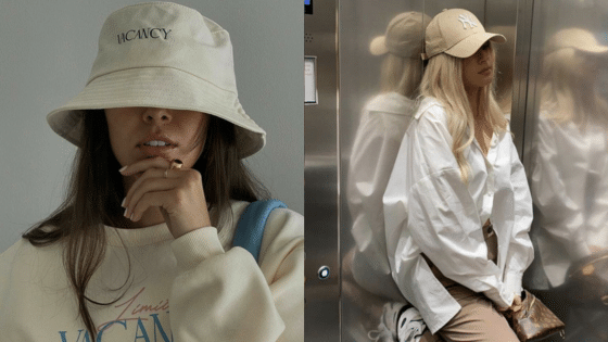 Viewing Deck Blog 7 Two women wearing neutral casual outfits and hats; one in a bucket hat, the other in a baseball cap, both in stylish poses. | Sky Rye Design Two women wearing neutral casual outfits and hats; one in a bucket hat, the other in a baseball cap, both in stylish poses.