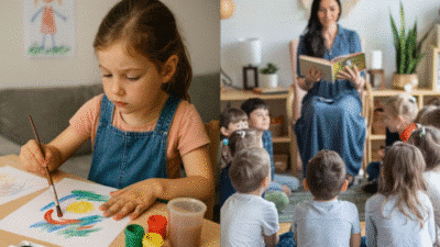 Child painting with watercolors; teacher reading to kids sitting on floor, educational activities for children.