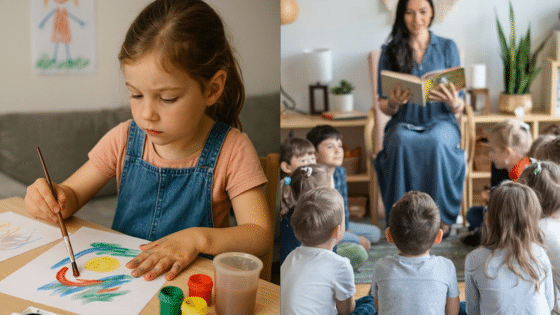 Viewing Deck Blog 7 Child painting with watercolors; teacher reading to kids sitting on floor, educational activities for children. | Sky Rye Design Child painting with watercolors; teacher reading to kids sitting on floor, educational activities for children.