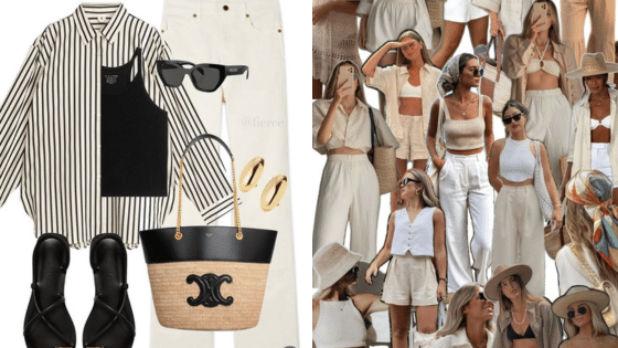 Viewing Deck Blog 7 Fashion collage with black-and-white striped shirt, accessories, and women's summer outfits in neutral tones. | Sky Rye Design Fashion collage with black-and-white striped shirt, accessories, and women's summer outfits in neutral tones.