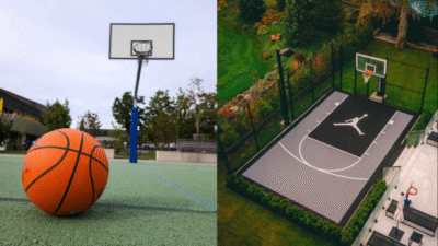 Outdoor basketball courts with a ball in the foreground and aerial view in a garden setting.