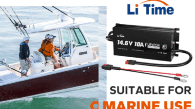 Boat with anglers, featuring a Li Time 14.6V 10A marine battery suitable for marine use.