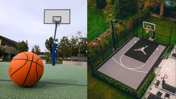 Viewing Deck Blog 7 Outdoor basketball courts with a ball in the foreground and aerial view in a garden setting. | Sky Rye Design Outdoor basketball courts with a ball in the foreground and aerial view in a garden setting.