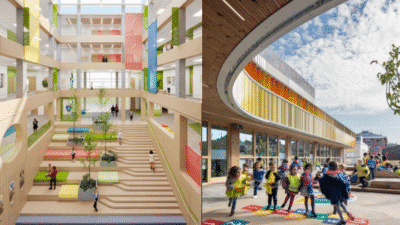 Innovative school design with open atrium and playful exterior featuring children, colorful educational environment.