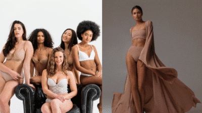 Diverse women in stylish lingerie, promoting body positivity and fashion in neutral tones.