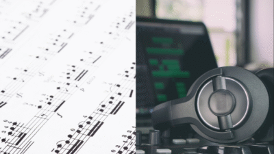 Sheet music next to headphones and laptop with audio editing software, symbolizing music production and composition.