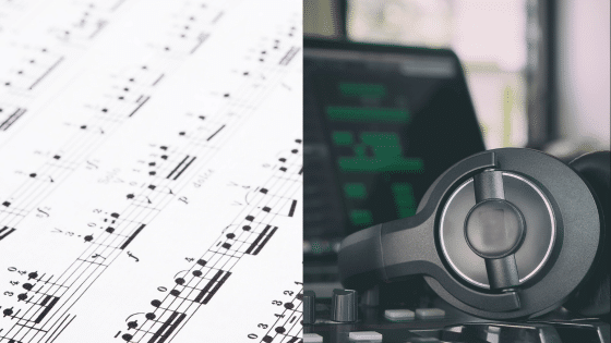 Viewing Deck Blog 8 Sheet music next to headphones and laptop with audio editing software, symbolizing music production and composition. | Sky Rye Design Sheet music next to headphones and laptop with audio editing software, symbolizing music production and composition.