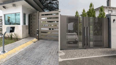 Modern automated security gates at residential entrance with control systems.