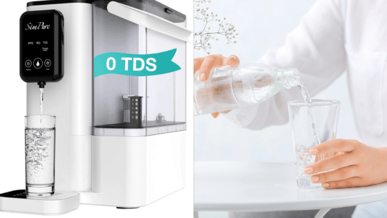 Viewing Deck Blog 9 Water purifier with 0 TDS dispensing into glass, person pouring clear water from bottle into glass on table. | Sky Rye Design Water purifier with 0 TDS dispensing into glass, person pouring clear water from bottle into glass on table.