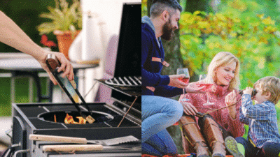 Grilling marshmallows on fire pit; family enjoys outdoor wine and picnic in nature.