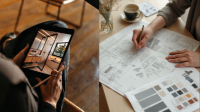 Two images depict interior design: a tablet showing a digital sketch, and hands working on architectural blueprints.