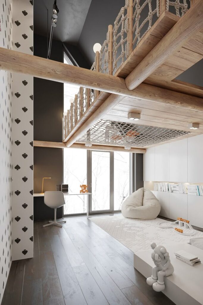 Modern kids bedroom with loft, rope bridge, and study area, featuring minimalist decor and natural light.