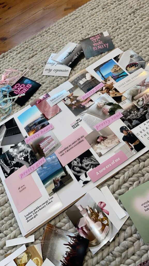 Vision board with motivational quotes and travel images on a textured rug background.