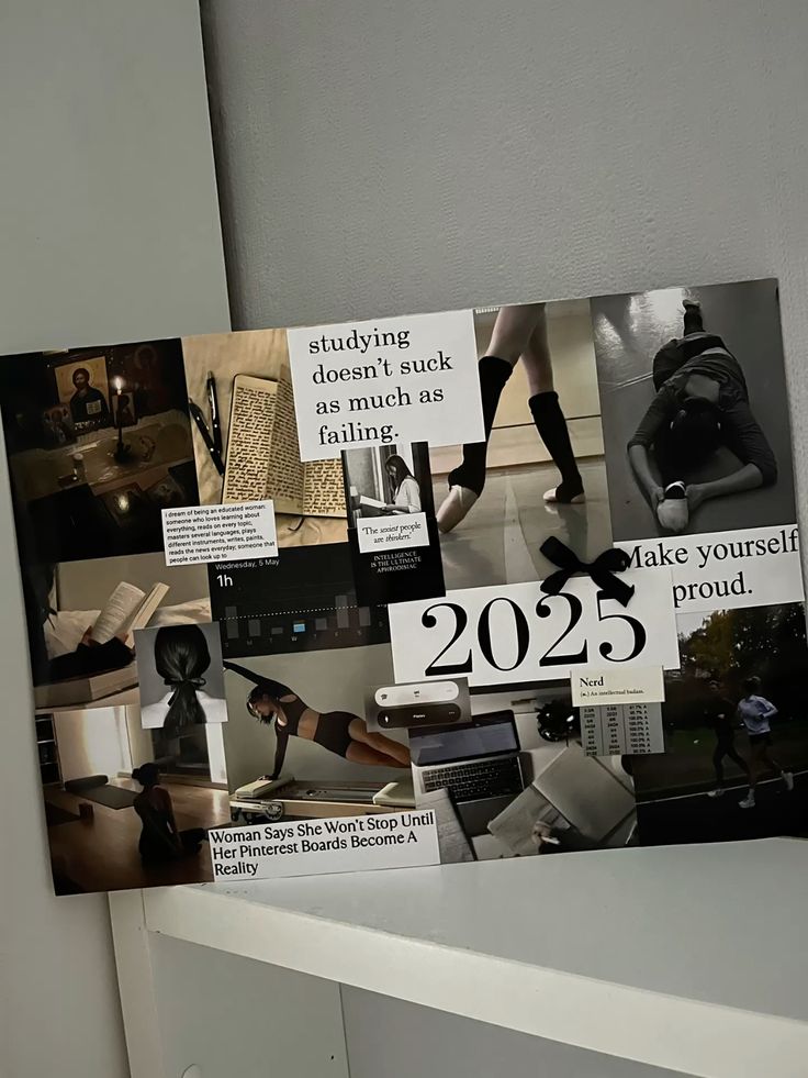 Vision board collage with motivational quotes, 2025 goals, and workout images for personal growth and success.