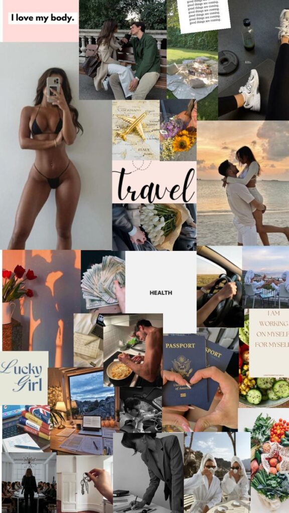 Collage of lifestyle, travel, health, relationships, and self-love themes featuring various photos and inspiring quotes.
