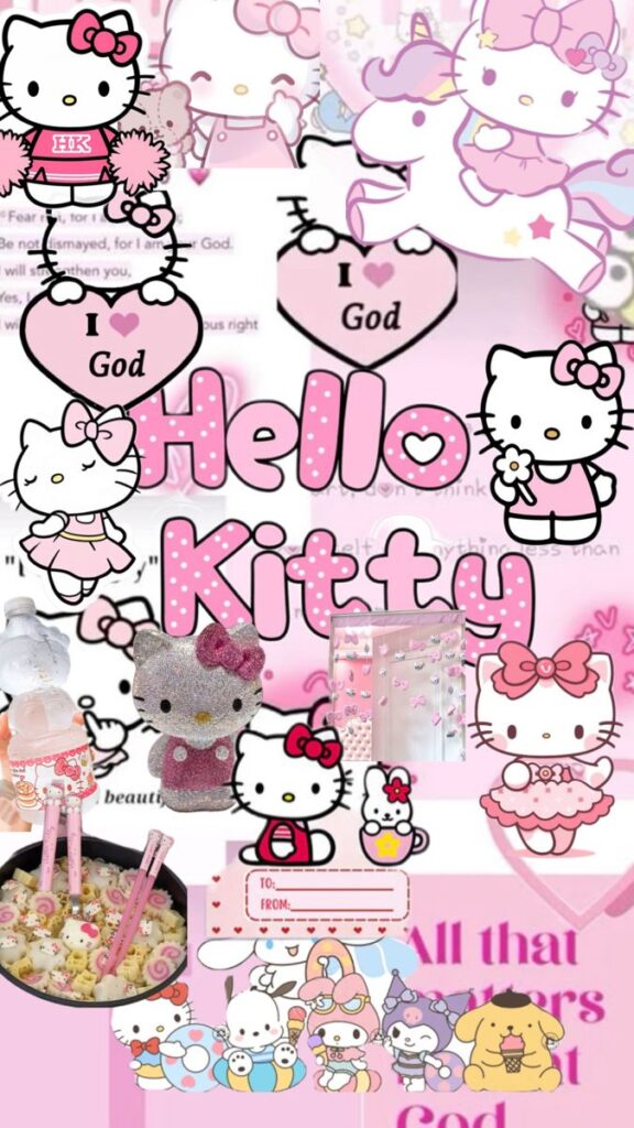 Cute Hello Kitty collage with pink theme, featuring hearts, unicorn, and Hello Kitty characters in various playful poses. iPhone Hello Kitty Wallpaper
