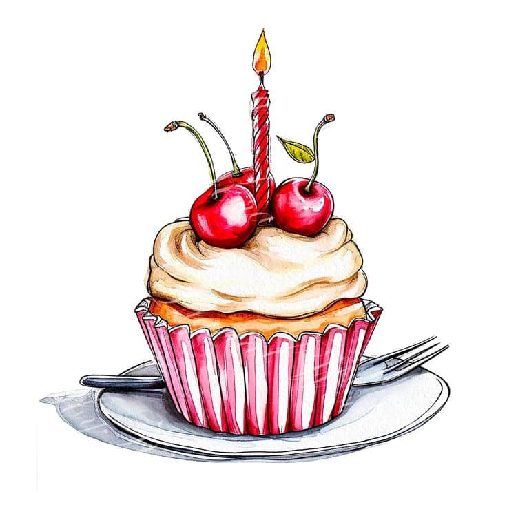 Illustrated cupcake with cherries and a lit candle on top, in a pink striped wrapper, on a white plate.