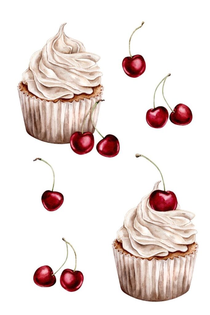 Illustration of cupcakes with whipped cream and cherries, surrounded by scattered red cherries on a white background.